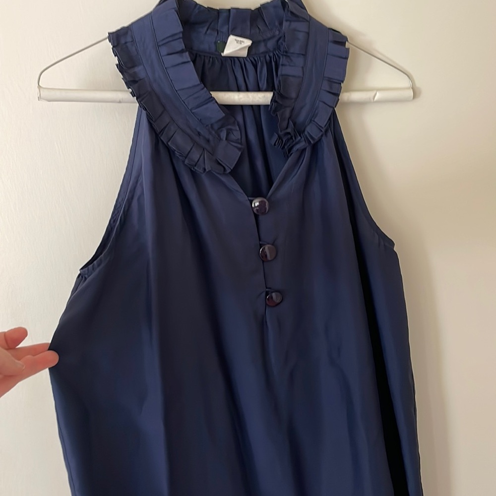 JCrew ruffle neck silk navy sleeveless blouse